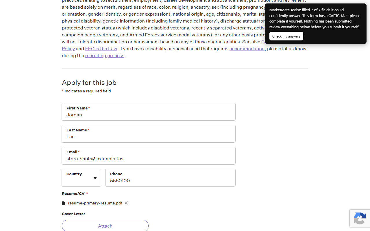 MarketMate filling in a real Greenhouse application: name, email and phone completed, the resume attached, and a banner reading 'filled 7 of 7 fields it could confidently answer. Nothing has been submitted.'