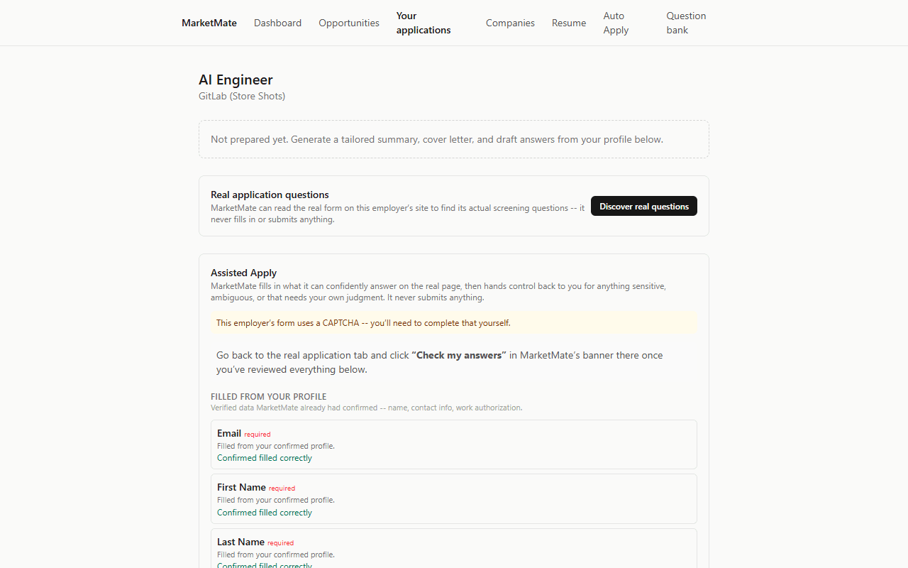 MarketMate's review panel showing each field it filled from the student's confirmed profile, marked 'Confirmed filled correctly', alongside a notice that the employer's form uses a CAPTCHA the student must complete themselves.